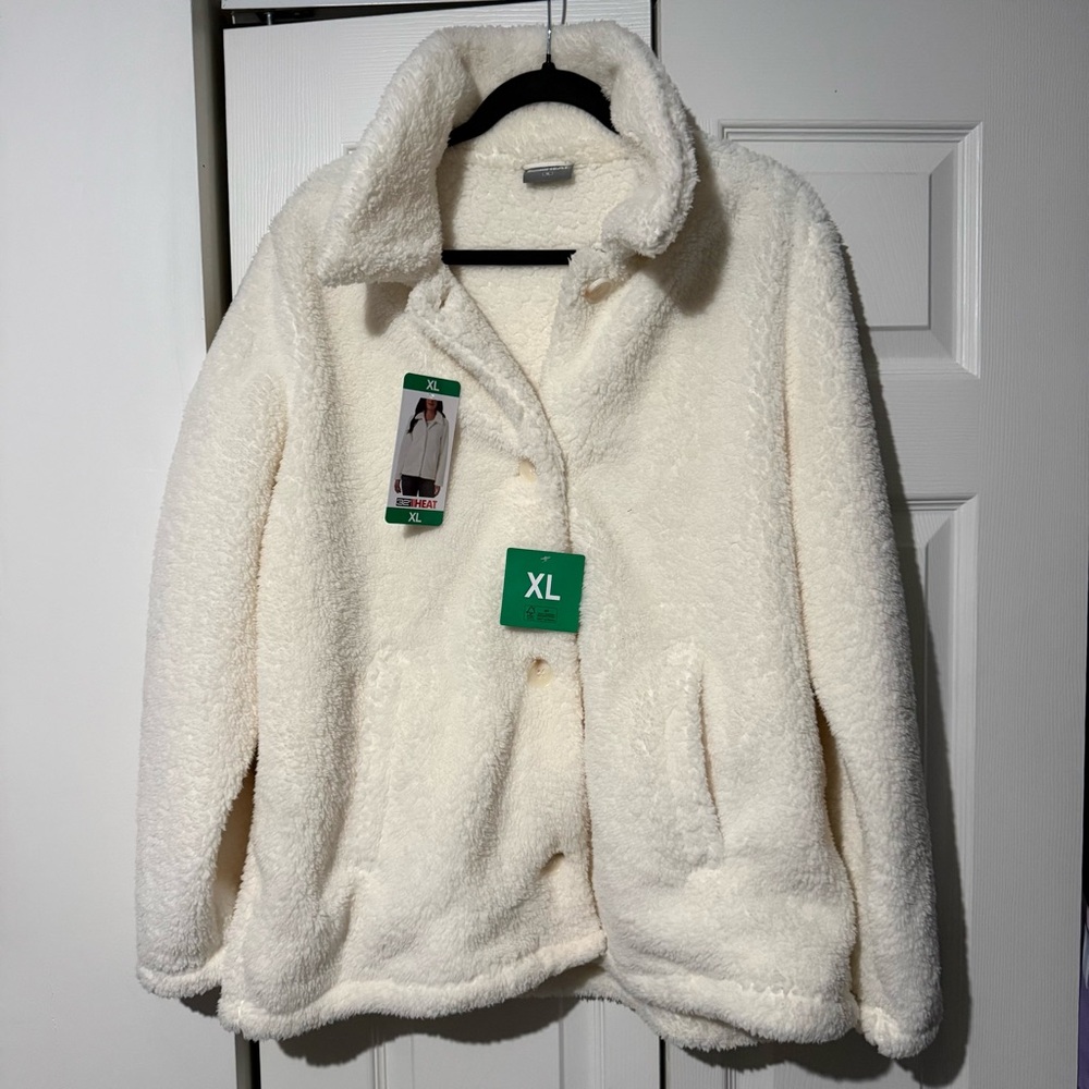 32 Degrees Women's Cozy Fleece Button Front Jacket Cream, Size XL